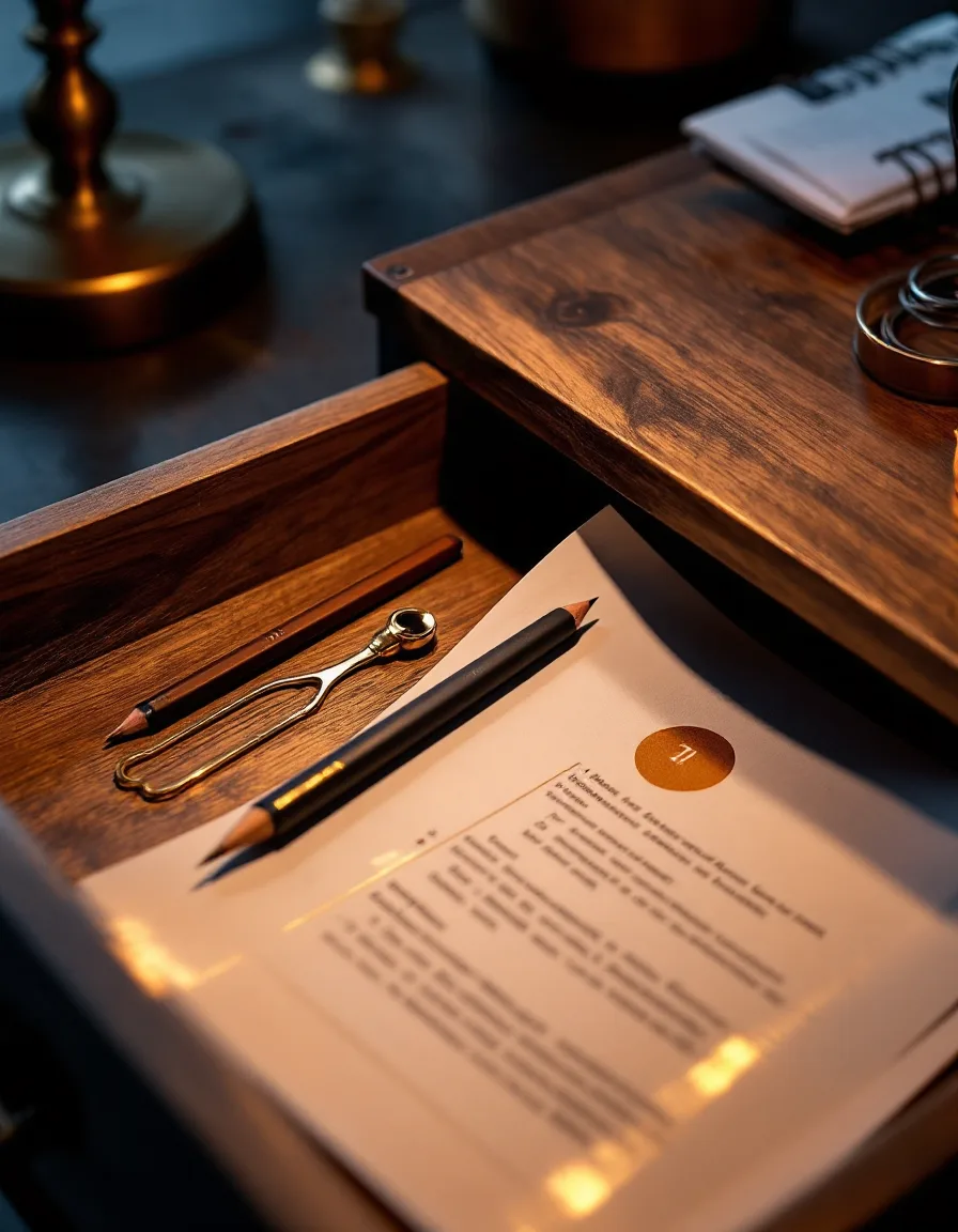 An open walnut drawer holding a brass tuning fork, soft pencils, a coiled guitar string and a printed query plan circled in gold ink, under a warm brass lamp