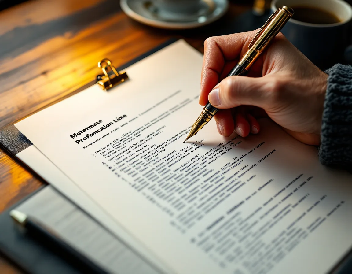 A hand initialling the margin of a printed change list with a brass fountain pen, its rollback sheet clipped beside it