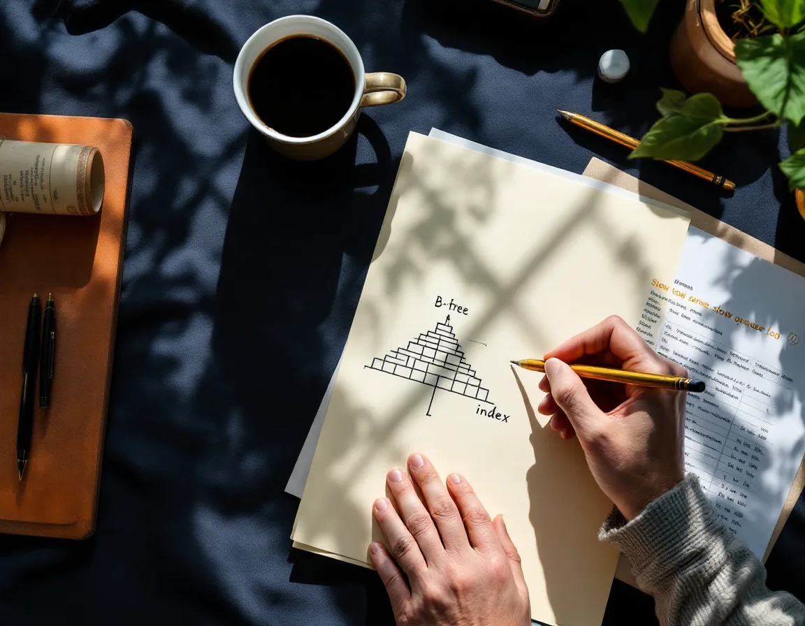 Hands sketching an index tree diagram in pencil on cream paper beside a printed slow-query log circled in gold ink