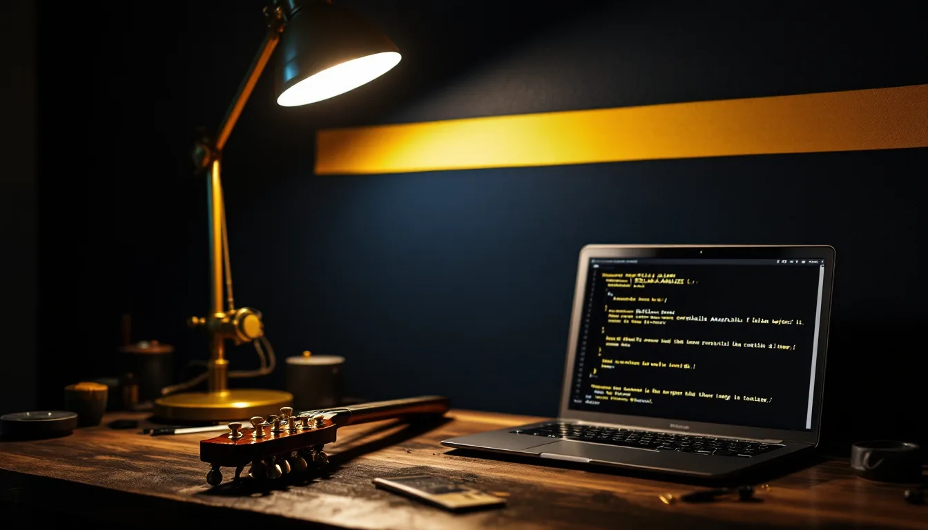 A guitar headstock with gold tuning pegs beside a laptop showing a database query plan, lit by a single brass lamp on a walnut workbench