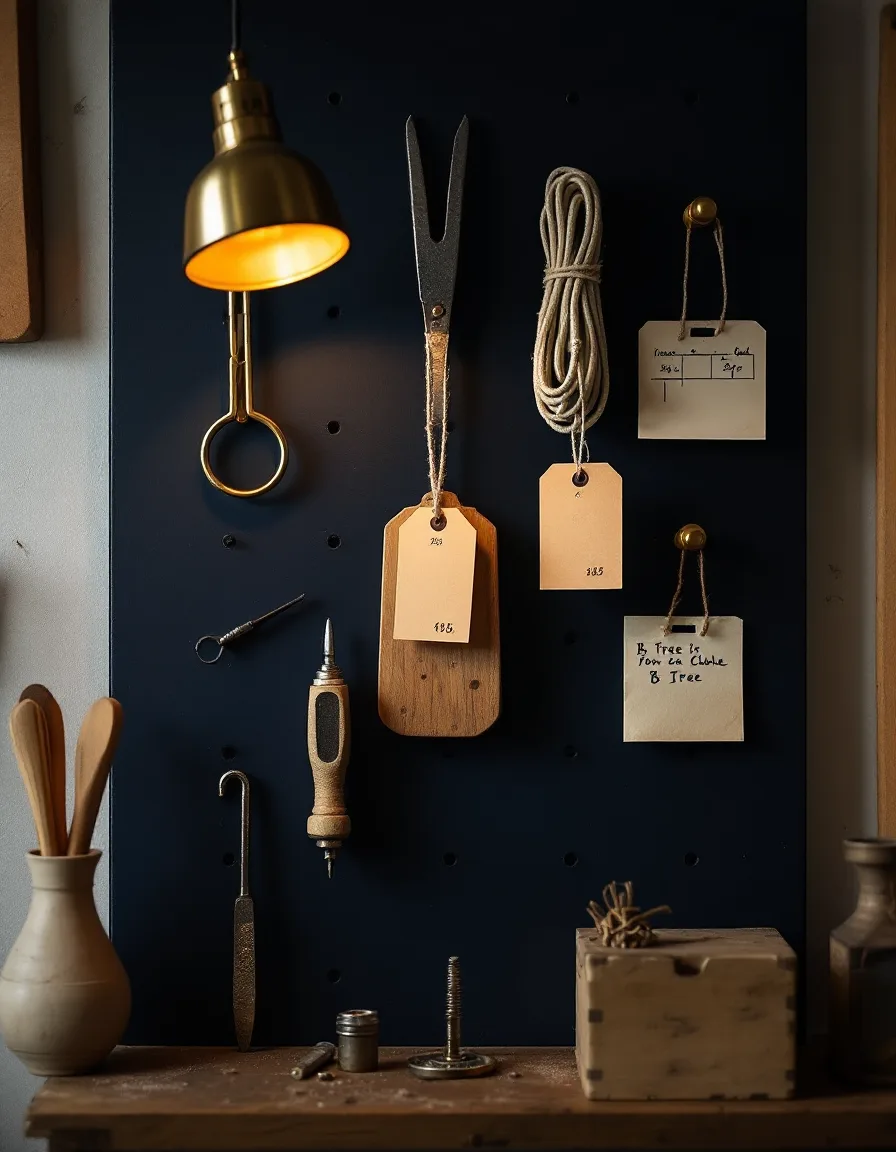 A navy pegboard hung with a fret file, tuning fork, patch cable and an index card sketch of a B-tree, each with a small manila price tag